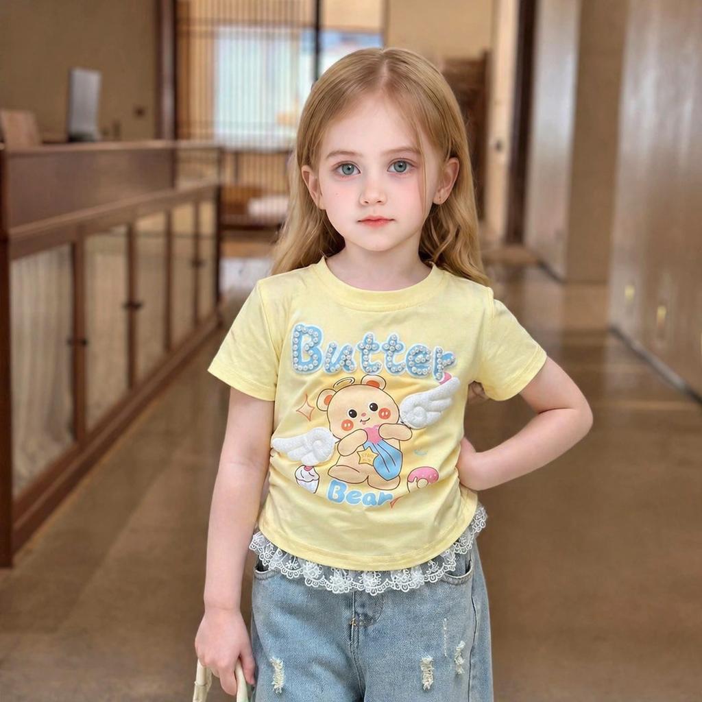 Girls Summer Cotton Cartoon T Shirt Sweet Lace Short Sleeve Top Baby Cute Thin Blouse