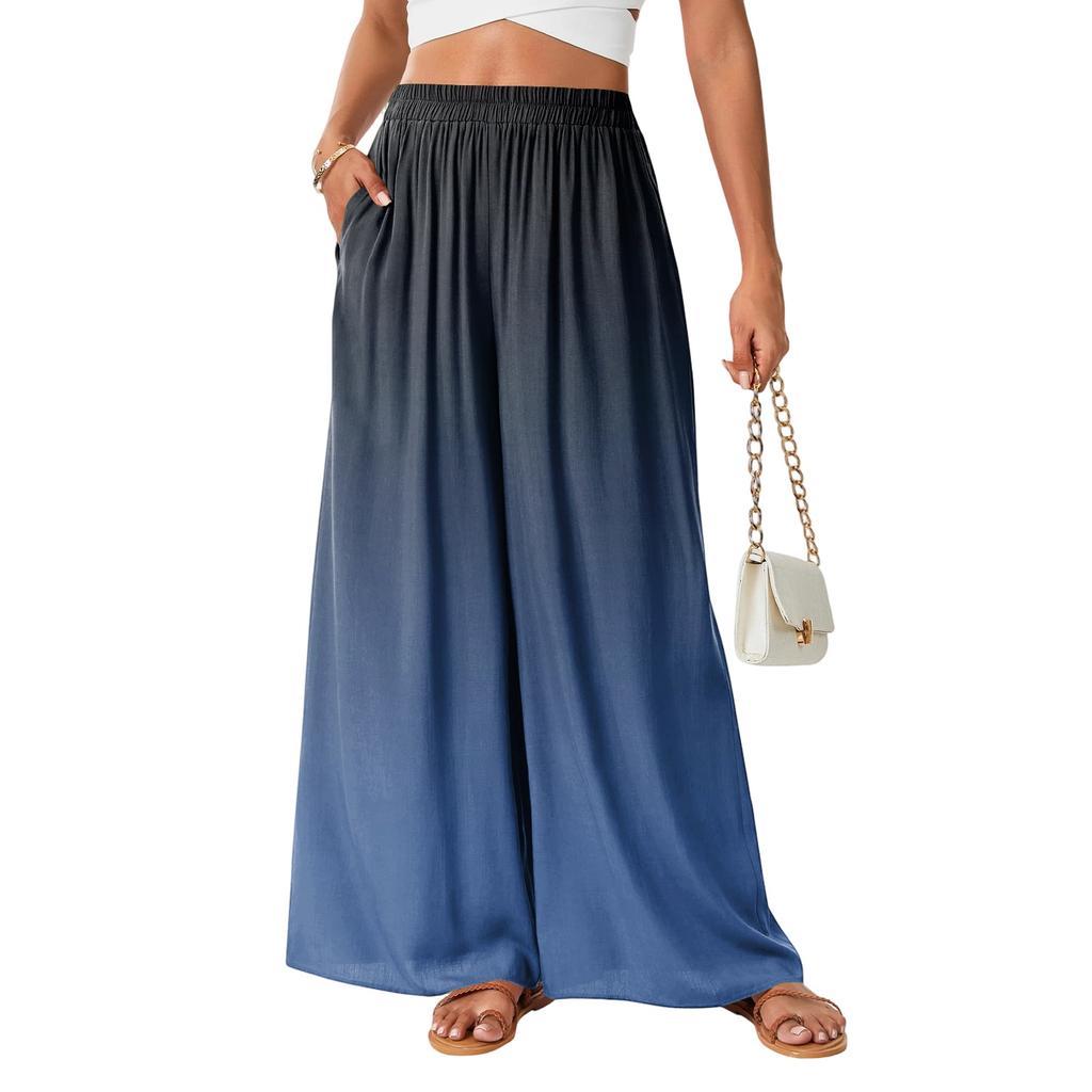Damen Weite Leg Casual Hose Elastischer Bund Farbverlauf Print Leicht Bequem Palazzo Hose mit Taschen für den Alltag