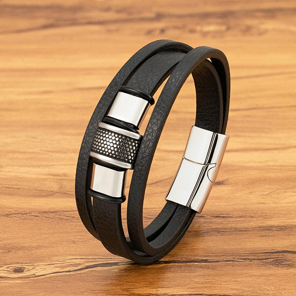 Trendy Black Leather Bracelet Homme Punk Men Gift for Husband Friend Hiphop Rock Charm Bangle Magnetic Clasp Jewelry