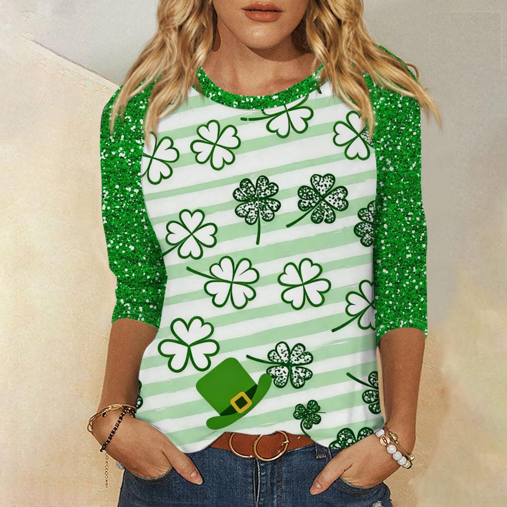 Frauen St. St. Patrick's Day Print Rundhals Dreiviertelarm Oberteil