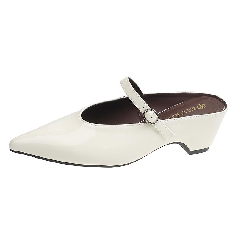 

One-word Belt Baotou Half-drag Women Wear Spring and Summer New Pointed Toe Temperament Half-slope Heel Cool Drag 35 белый