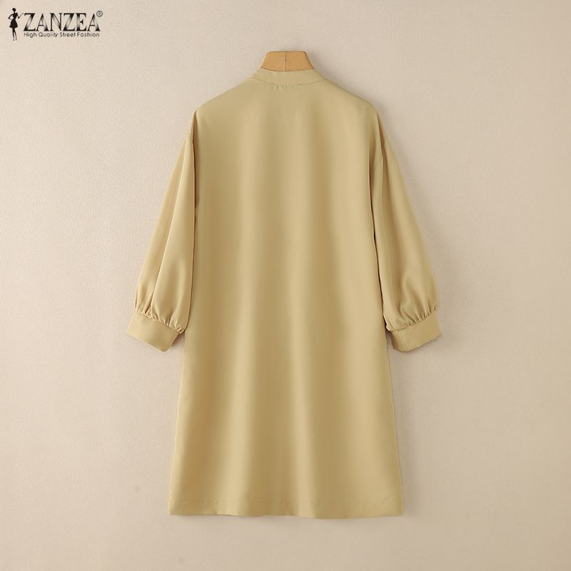 ZANZEA Women Casual Round Neck Solid Color Loose 3/4 Sleeve Shirt Dress