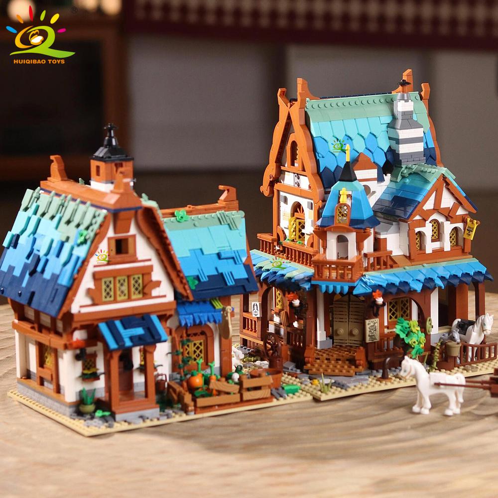 HUIQIBAO MOC Burgstadt Mittelalterlicher Architekturstil Haus Mikro-Bausteine Mini Ziegel Konstruktionsspielzeug für Kinder Geschenke