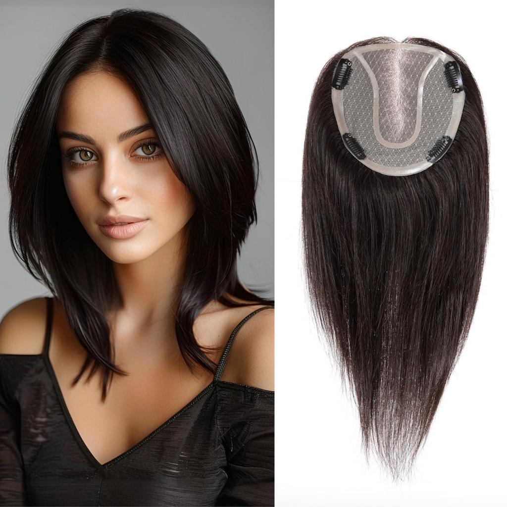 HAIRCUBE Light Blonde 14 Inch Human Hair Toppers with Dark Roots for Women 4 Clips Pieces with Thinning Hair In Mono Lace Base Toppers