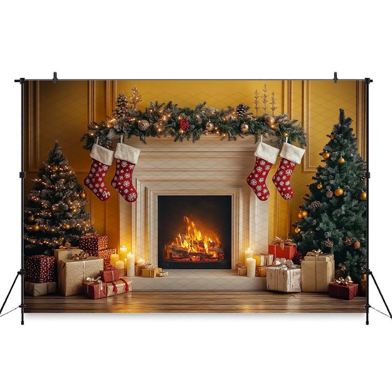 Mocsicka Christmas Photography Background Xmas Tree Fireplace Yellow Wall Decoration Family New Year Party Photo Backdrop Banner