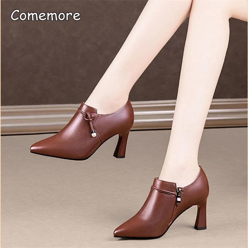 Fashion Comemore Women Fashion High Quality Zipper Short Ankle Women's Spring Boots Lady Brown Black Boot Autumn Shoes Leather Pumps 40