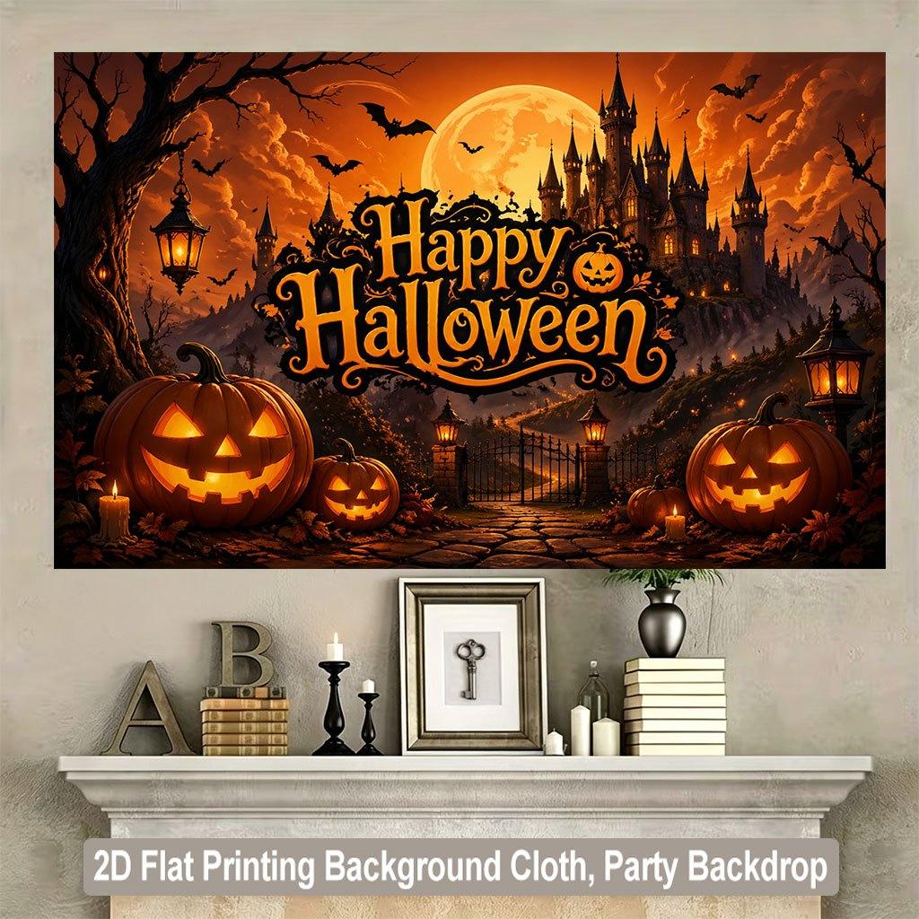 1 piece of 2D flat background fabric Halloween pumpkin lantern castle night scene background fabric wooden board wall.PMJ