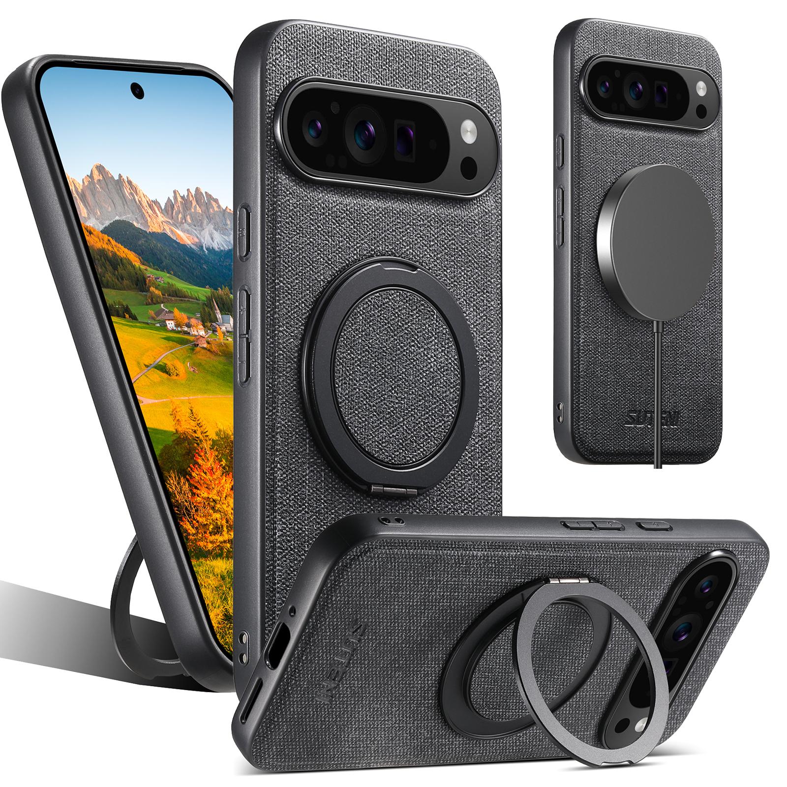 

SUTENI G3 For Google Pixel 9 Pro/9 Magnetic Case Rotating Ring Kickstand Jeans Texture PU TPU Phone Back Cover Black