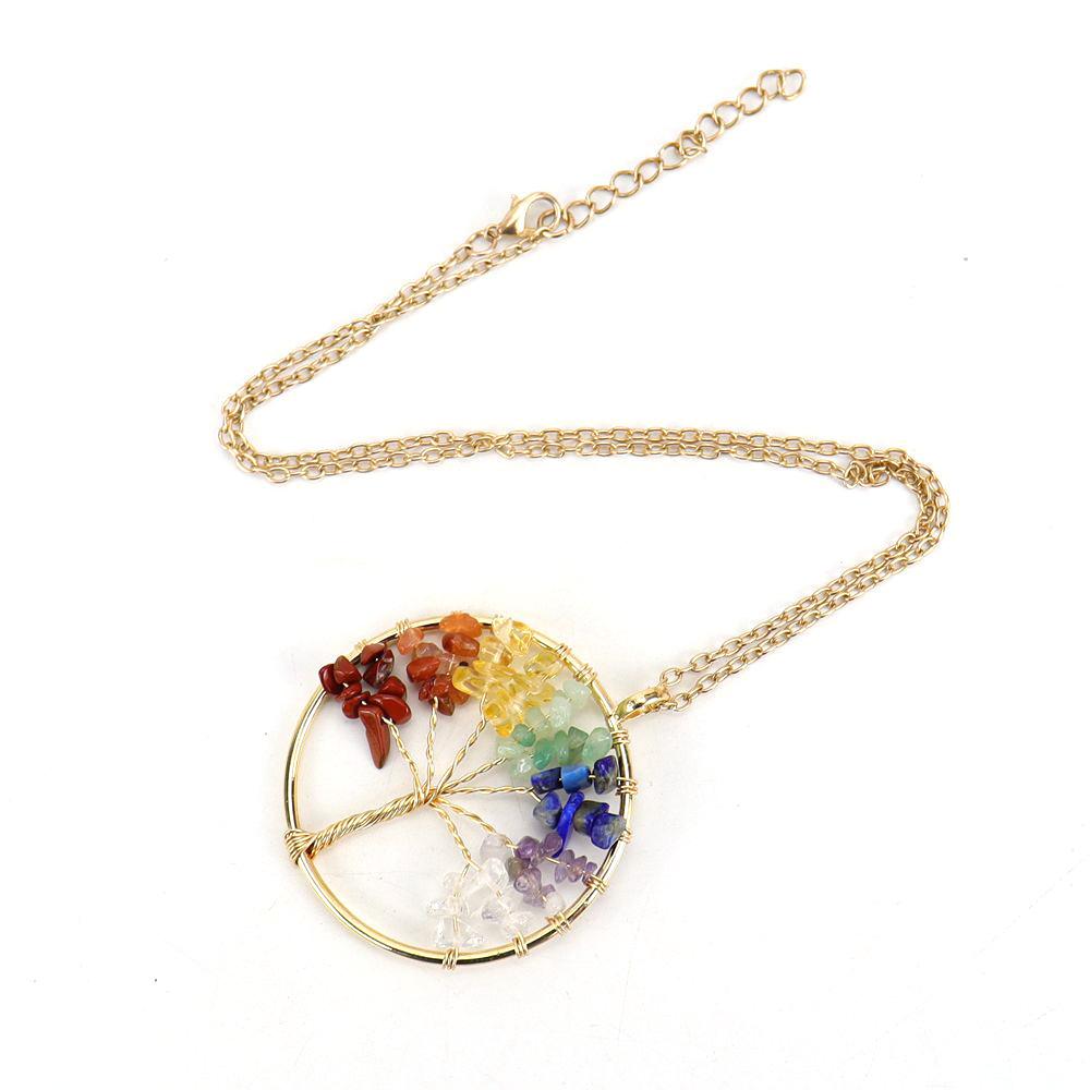 Color Retaining Gold Hand Winding Natural Crystal Gravel Tree Of Life Necklace N104