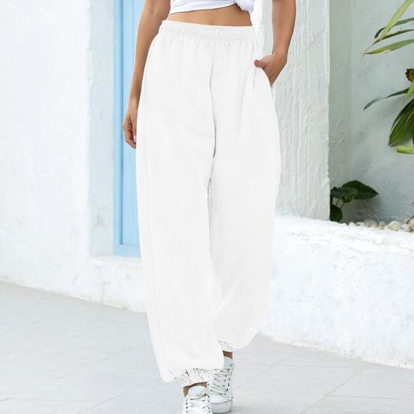 Women Casual Loose Elastic Waist Sports Pants Solid Color Sweatpants Baggy Ankle-Length Pants