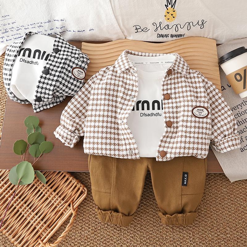 Boys' long sleeved three piece set - Autumn and winter checkered shirt jacket - White top - Casual pants set - high-quality clothes