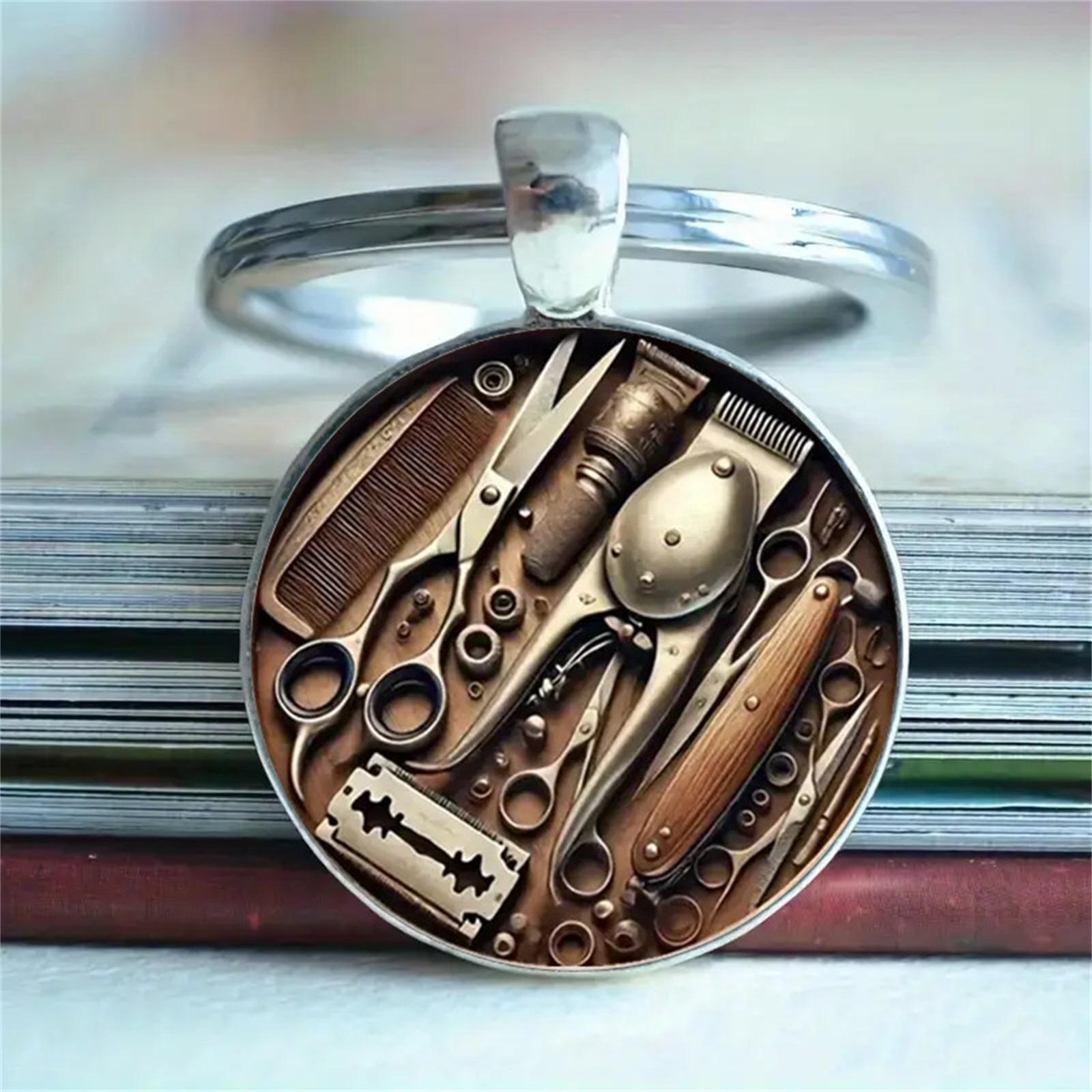 

Vintage Exquisite Hair Cutting Tool Theme Pattern Time Gemstone Pendant Keychain One Size