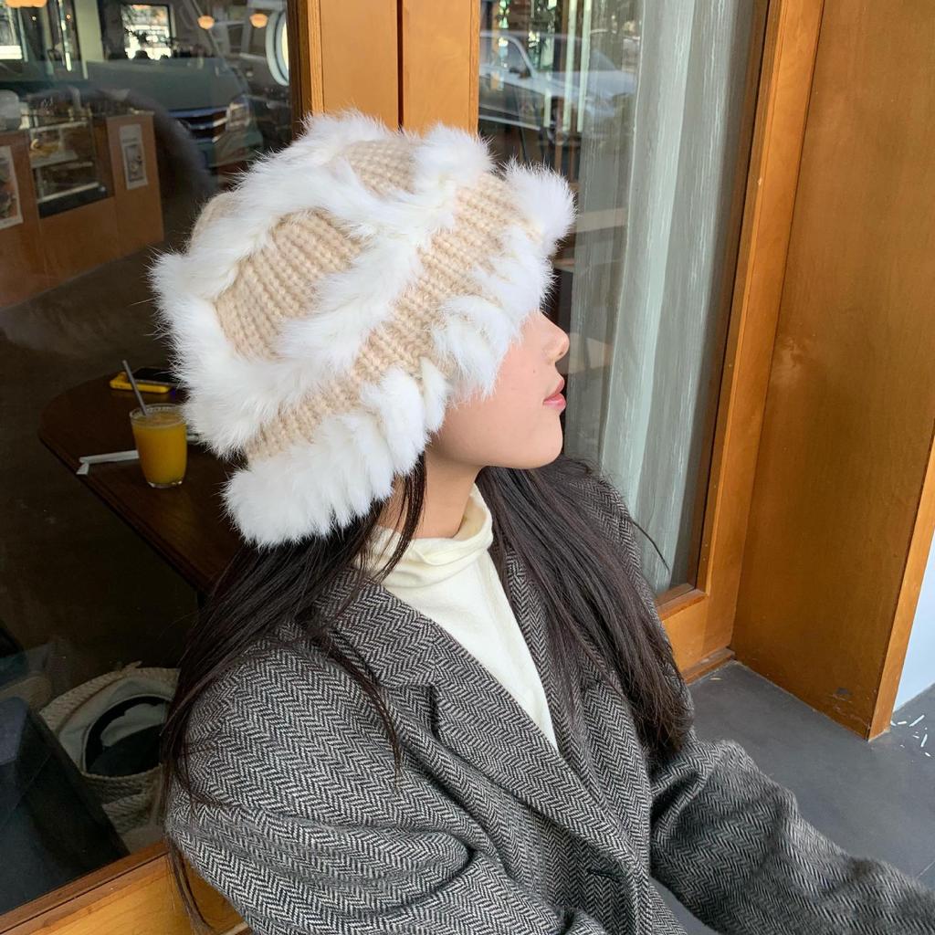 Rabbit Fur Knitted Woolen Hat for Women In Winter Cute Face Showing Small Warm Hat  Thickened Ear Protection Hat  Plush Bucket Hat