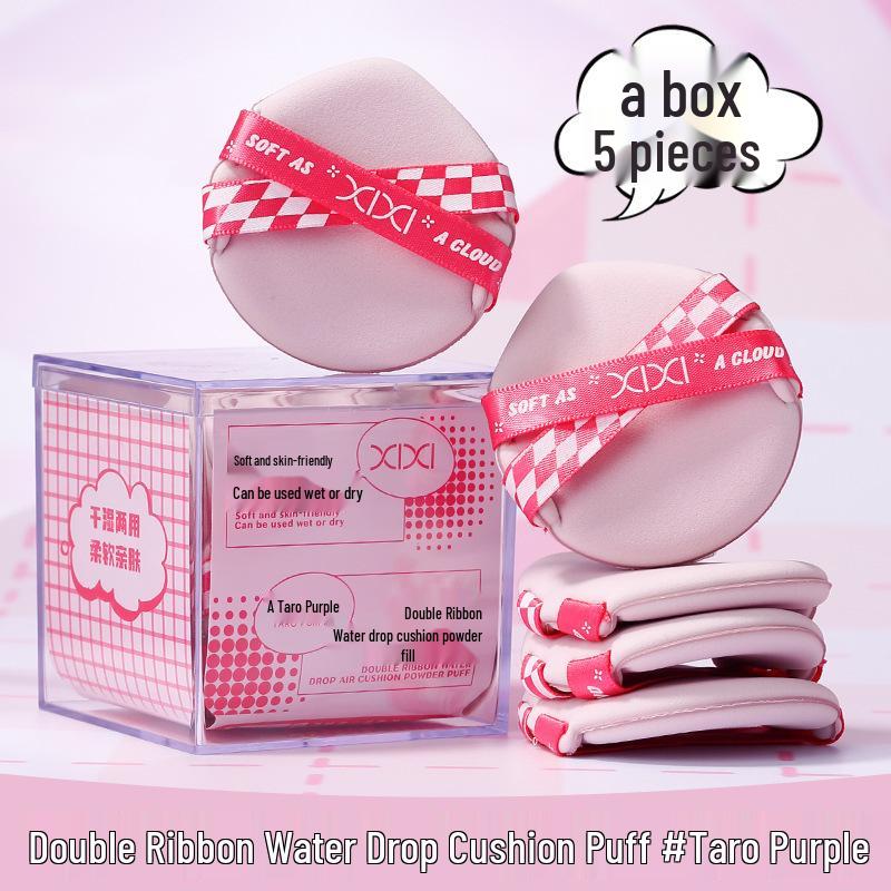 Xixi Double Ribbon Water Drop Cushion Foundation Puff Set - Dual Use Dry/Wet, Non-Absorbing Makeup Sponge