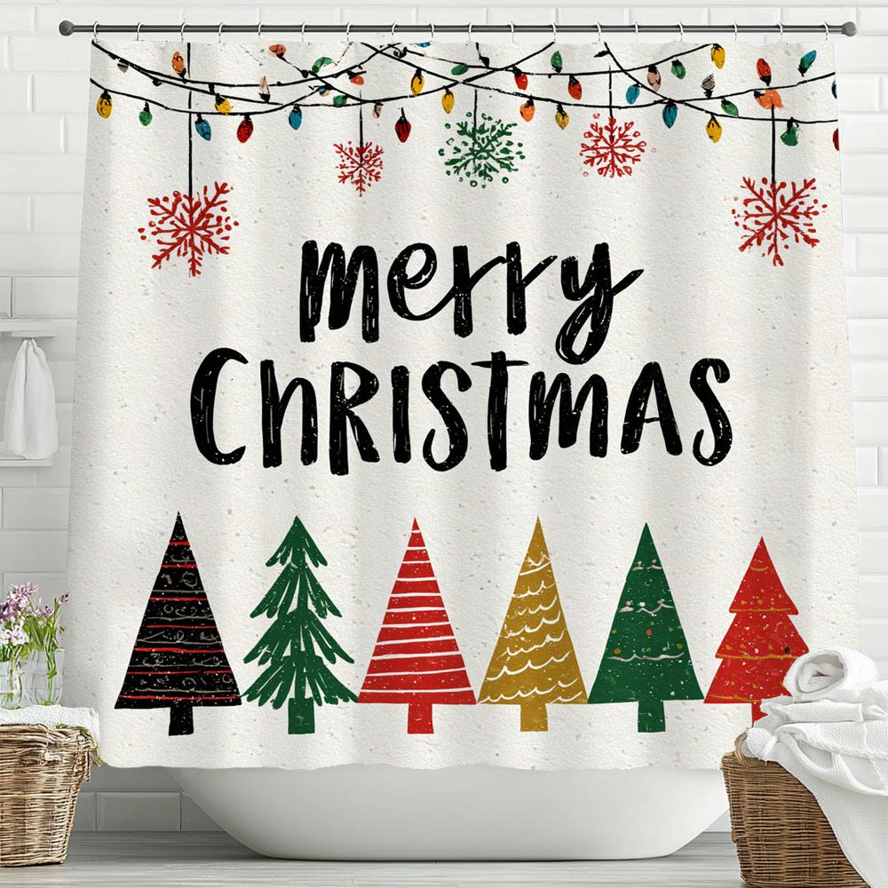 Merry Christmas Cartoon Shower Curtain, Bathroom Decorative Shower Curtain, Printed Christmas Tree Shower Curtain with Hooks