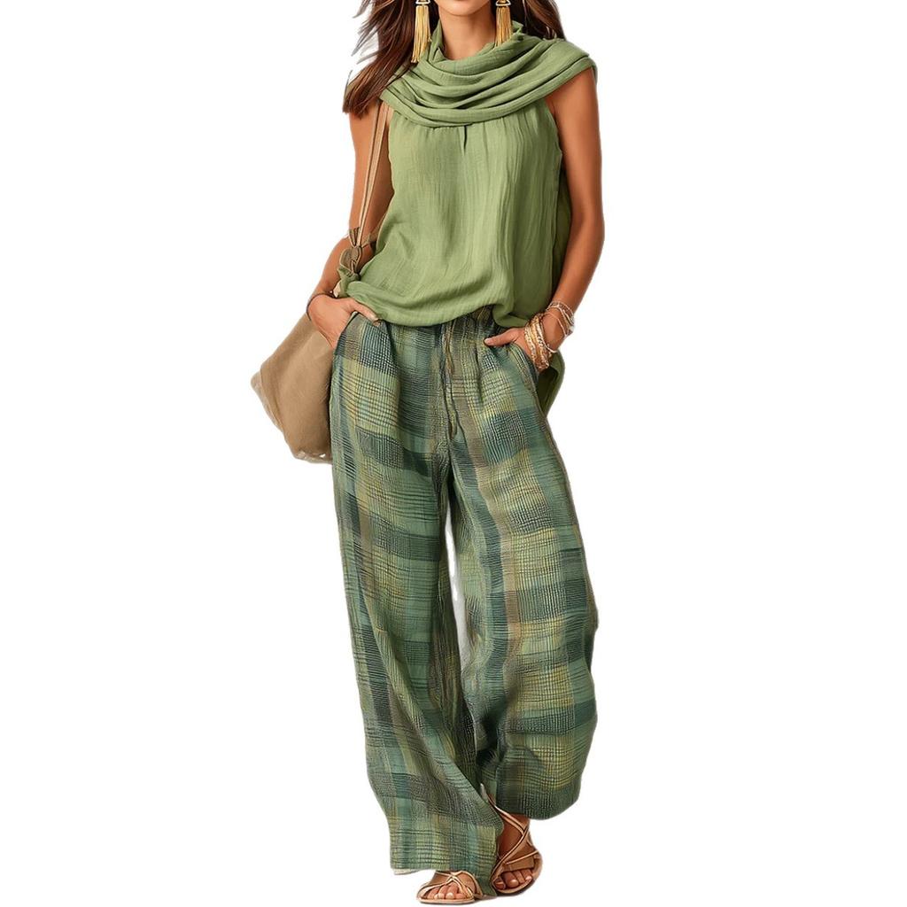 Damen ärmelloses Oberteil mit Drapierung und karierte Weitbein-Hose Set Lässiges lockeres Zweiteiler-Outfit