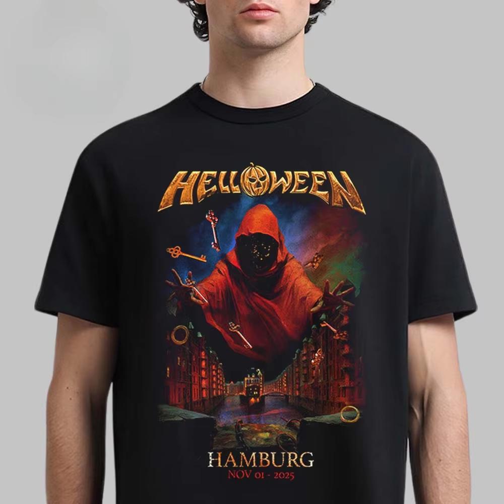 Helloween 2025 Europe Tour Hooded Wizard Poster Print Tee Power Metal Band Streetwear Casual Unisex Top with Full Show Dates
