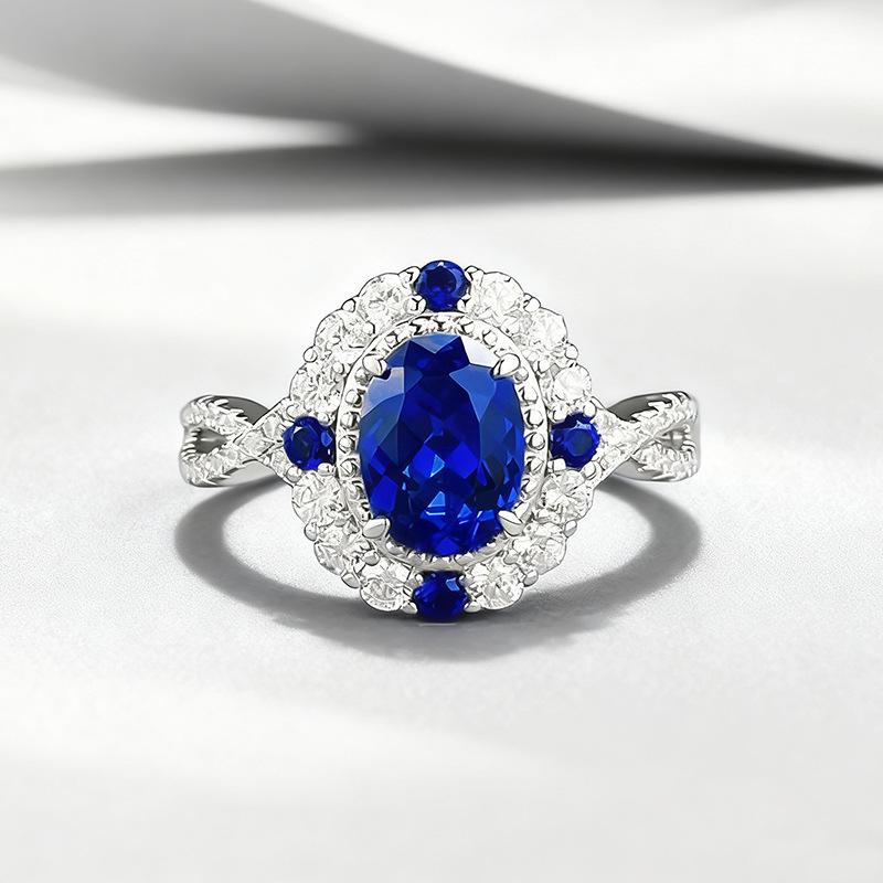 

S925 Silver Simulated Blue Oval Vintage Ring in Court Style Size 9