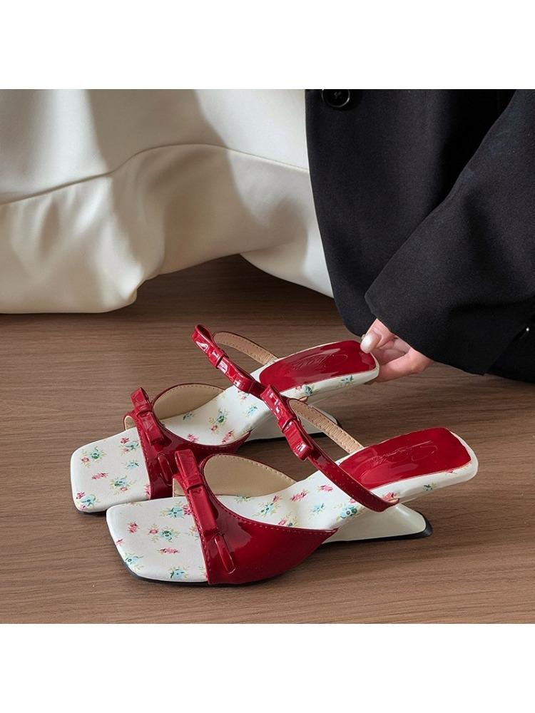 Fashion Pink Bow Wedge Sandals Women's Low-heeled Summer Wear 2025 Summer New High-heeled Slippers