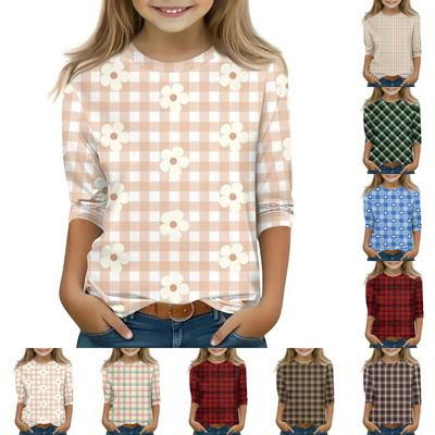 חולצות מודפסות לנערות 5-16 שנים צווארון עגול שרוולי 3/4 חולצות טי טרנדיות חולצות לאאוטפיט