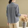 Women Blue Striped Cotton Linen Lapel Long Sleeve Shirt