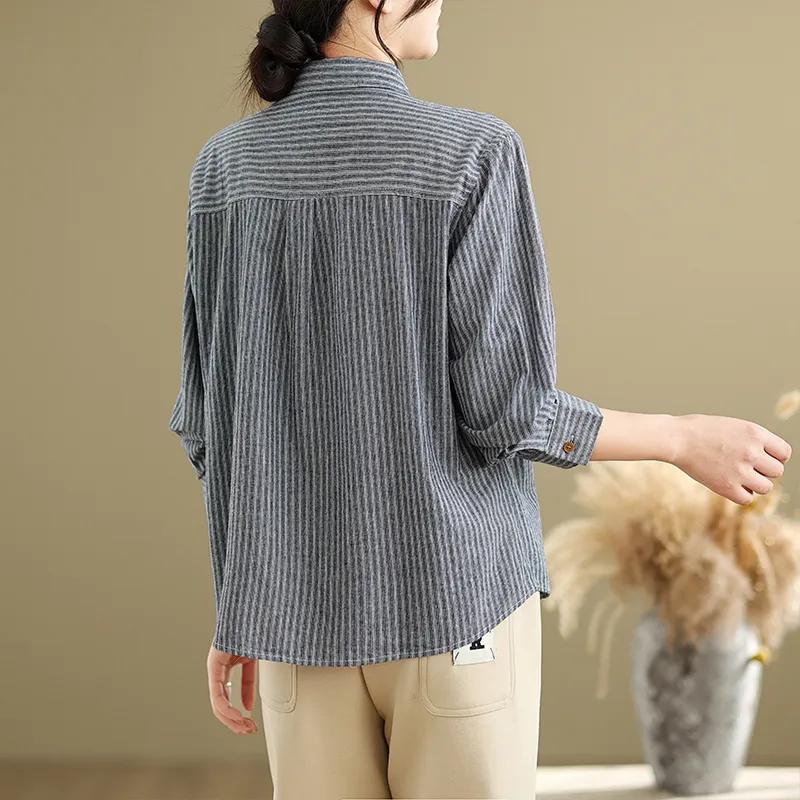 Women Blue Striped Cotton Linen Lapel Long Sleeve Shirt