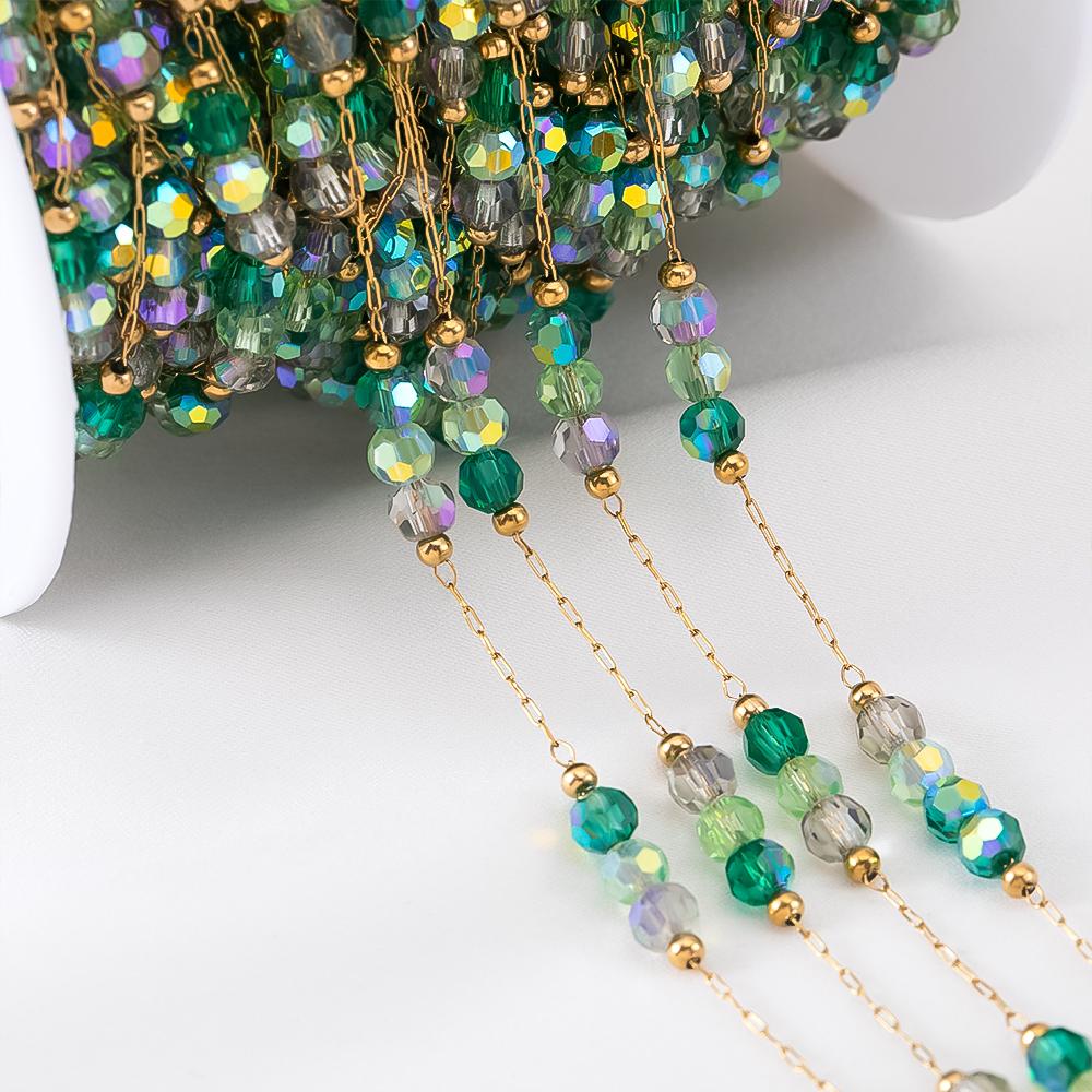 1Meter Stainless Steel Green Crystal Beads Bracelet Chains for Jewelry Making DIY Shiny Necklace Jewelry Beaded Chain Supplies