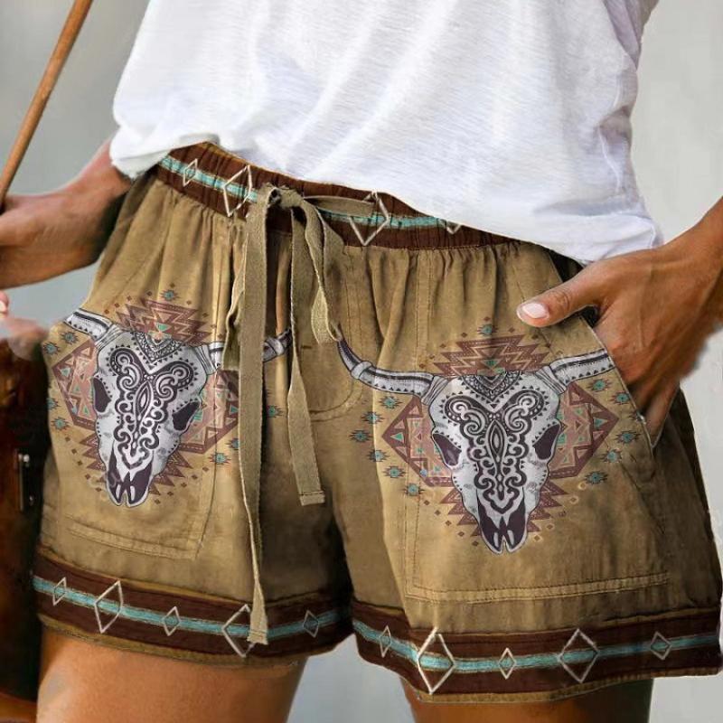 Women's Summer Trendy  Elastic Shorts Waistband Sweat Absorbing Thin Retro Print Drawstring Loose Shorts