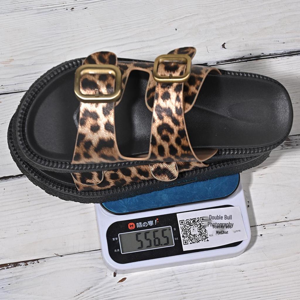 Leopard Print Cross Rivet Thick-Soled Women's Slippers - Summer 2025 European American Fashion with Single Strap Buckle in Plus Sizes.