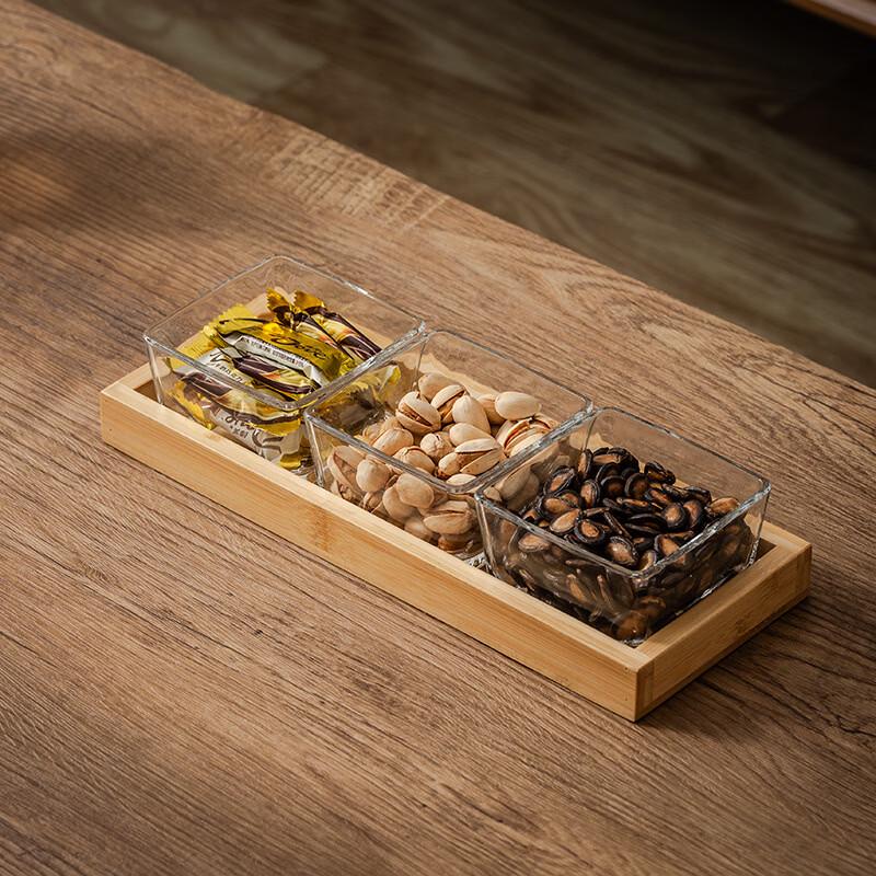 Ru Han Glass Divided Serving Platter with Wooden Tray