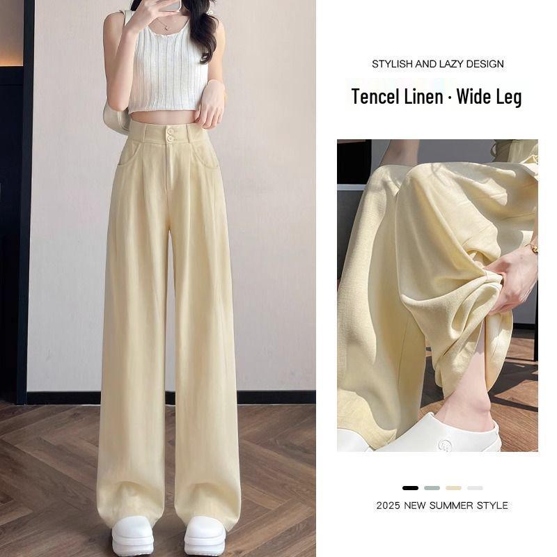 Yellow Lyocell Linen Wide-Leg Women s Summer Pants - 2026 Petite Herringbone Straight Leg Ice Silk Style. S (Weight below 95kg)