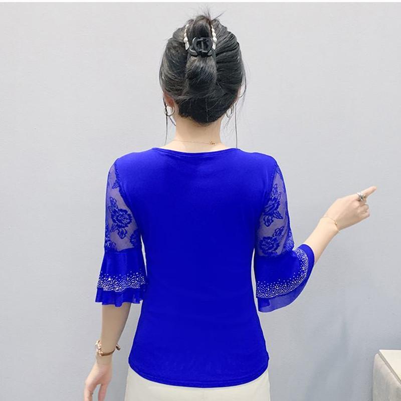 New Summer Sexy V-Neck Hollow Out Hot Diamonds Women's T-Shirt Half Sleeve Fashion Tops Classic Elasticity Mesh Flower Tees