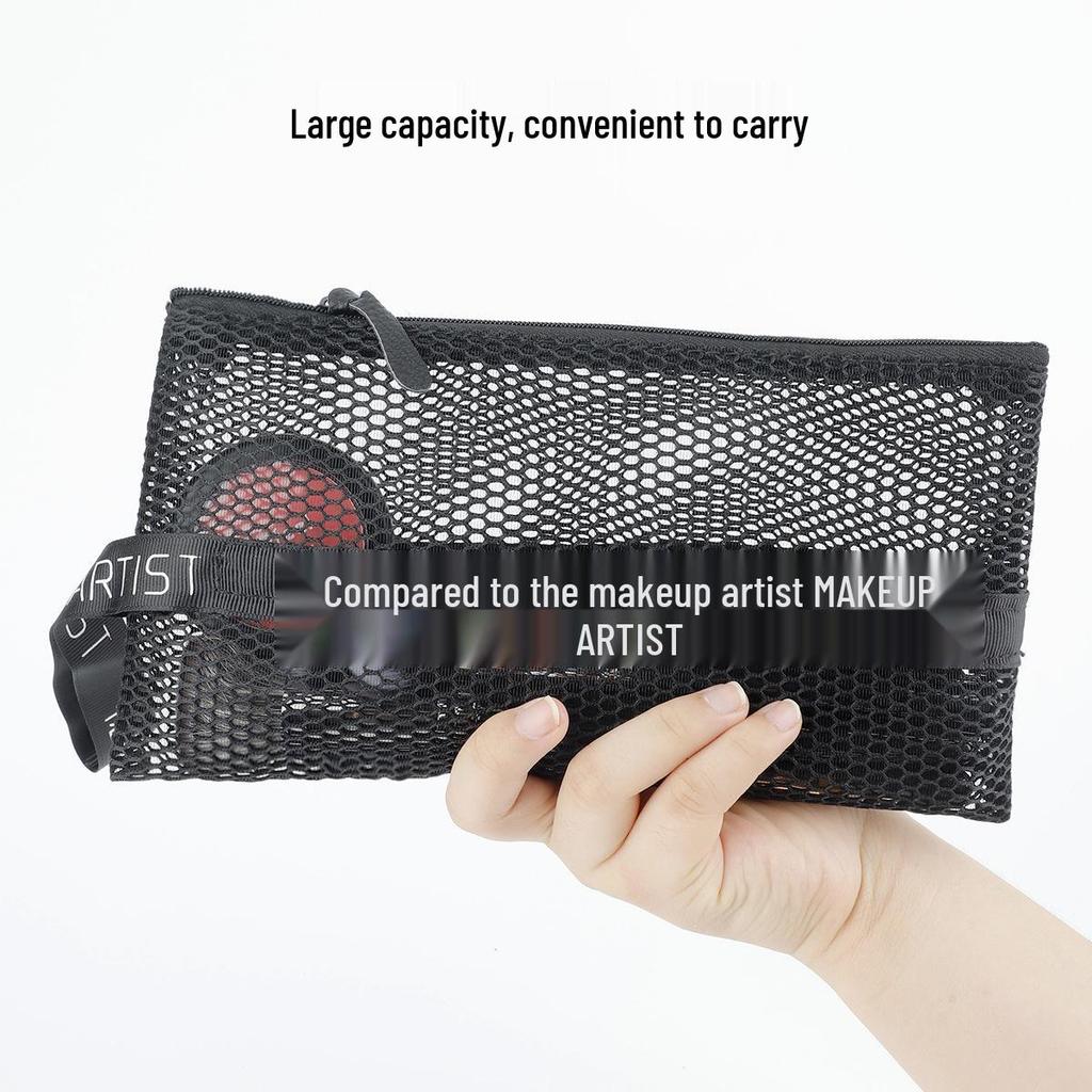 Stylish large makeup brush bag with transparent breathable mesh for portable storage.