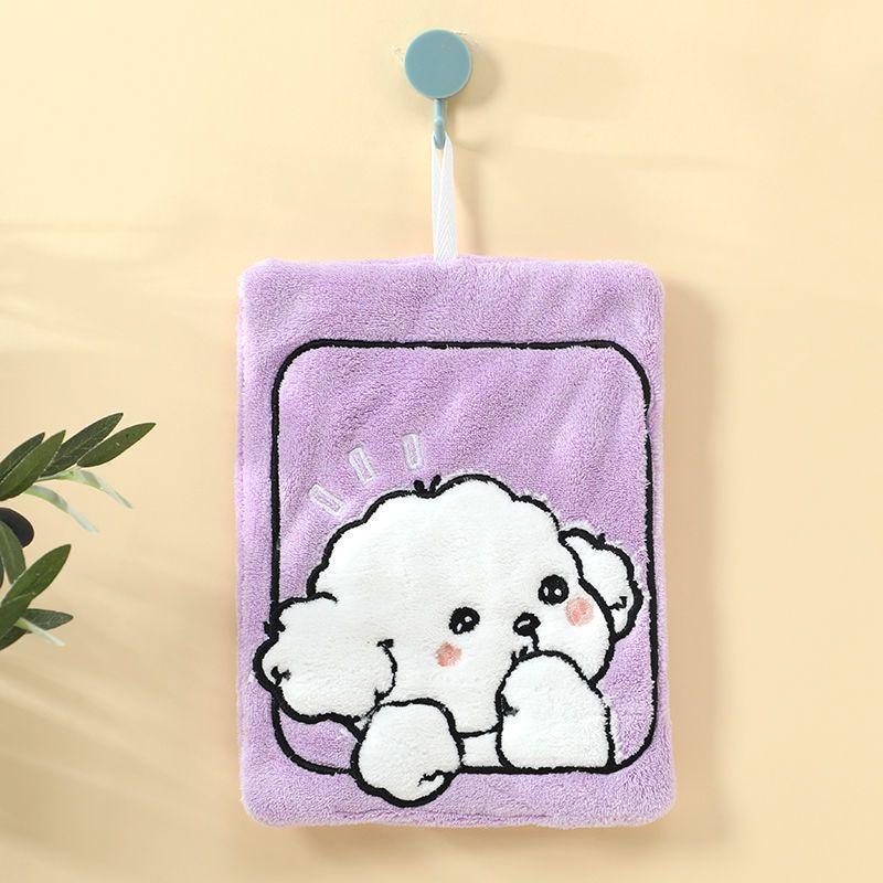 1Pcs Cartoon Kitchen Hanging Hand Towel Cute Little Dog Cloth Absorbent Quick Drying Thick Coral Fleece Soft Cute Towel