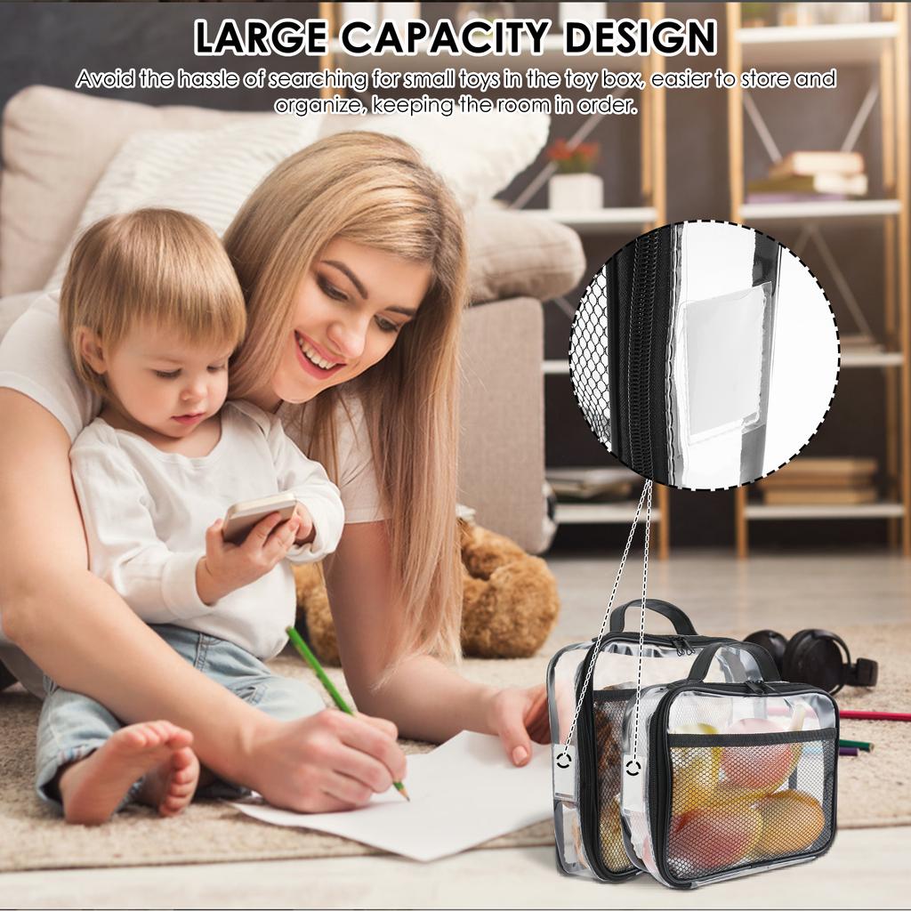 4PCS Clear PVC Organizing Bag Waterproof Zippered Toy Storage Bag Large Capacity Block Organizer Case with Mesh Side Pocket