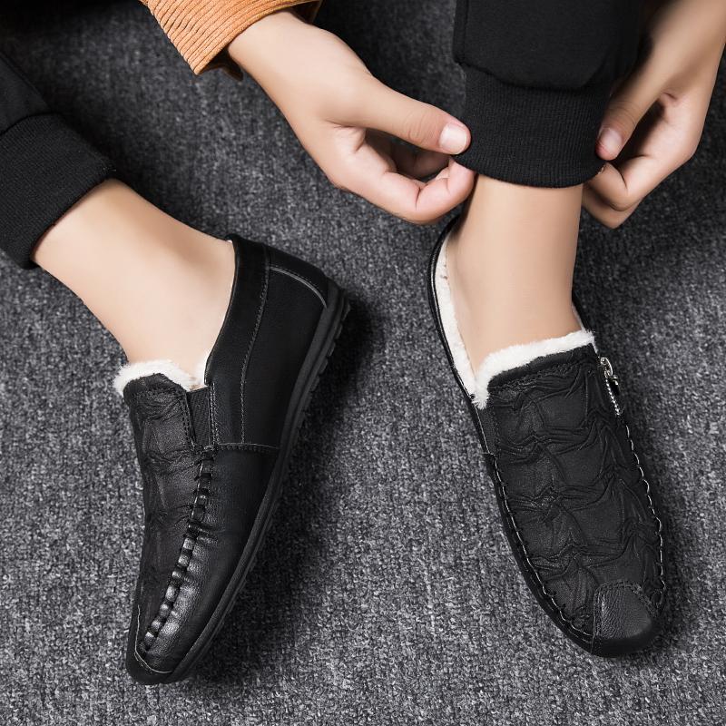 Winter Fur Loafers Men Casual Shoes Leather Dress Shoes Slip-on Sneaker Flats Plush Man Moccasins Fleece Lined Driving Shoes