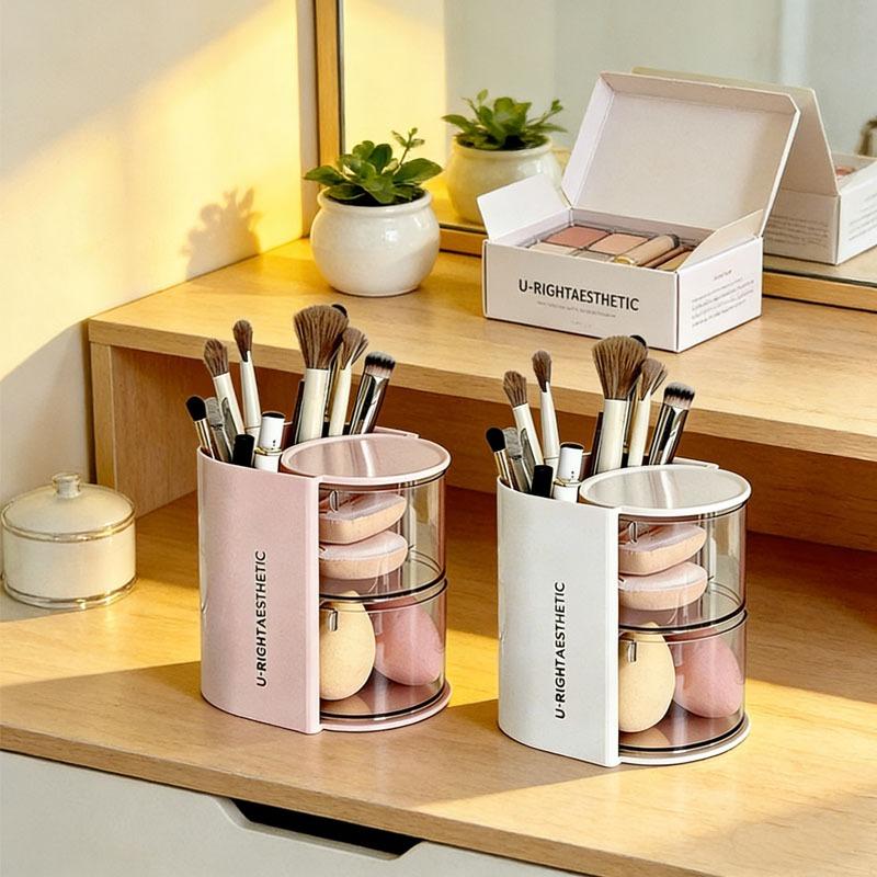 360-Degree Rotating Cosmetic Storage Box Dustproof Multi-Functional For Storing Brushes Sponges And Lipstick