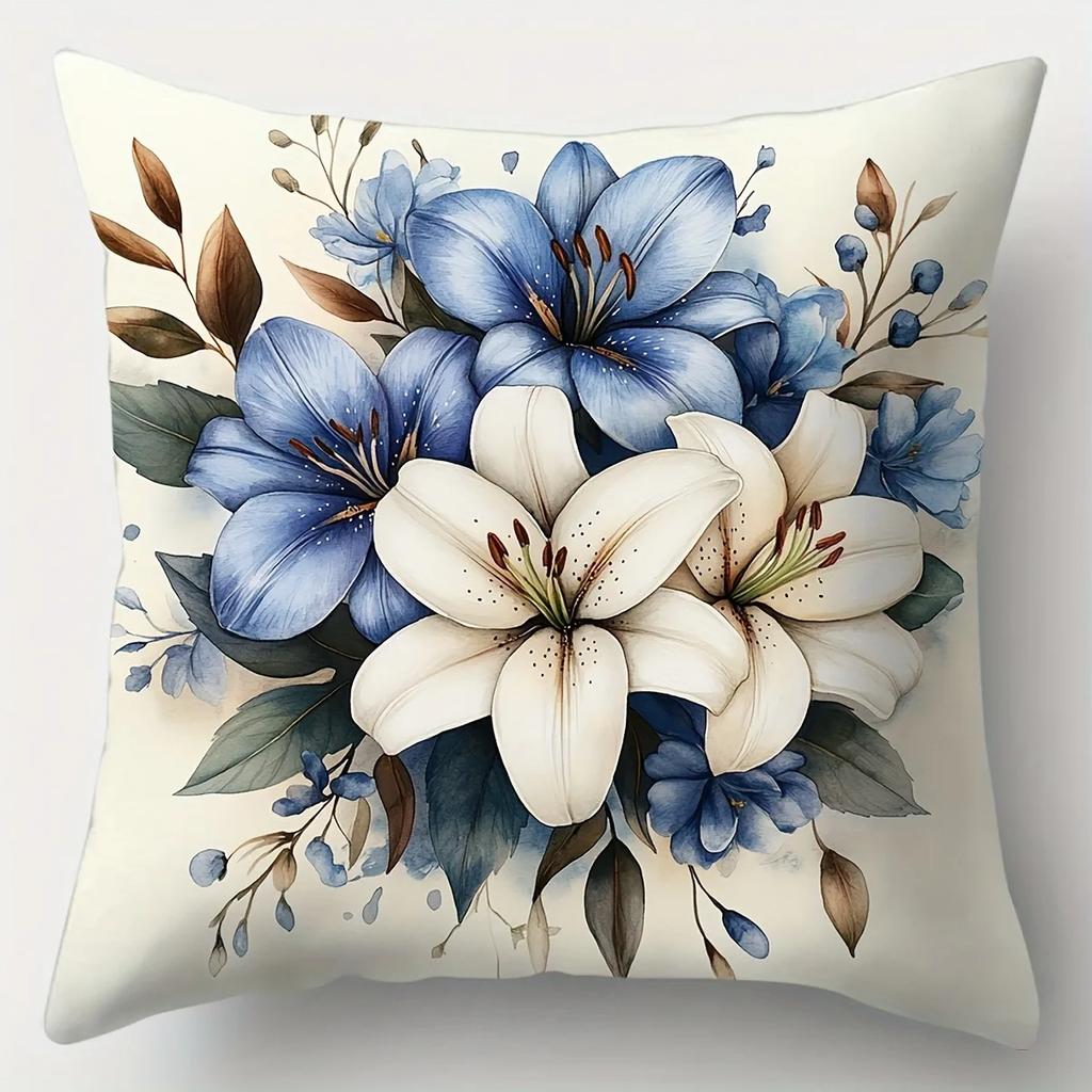 Modrobílý květinový vzor Domácí dekorace Povlak na polštář Obývací pokoj Pohovka Polyesterový povlak na polštář se zipem