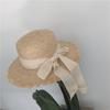 Broken edge bow strap straw hat children raffia flat top fresh seaside sunshade sun protection beach hat