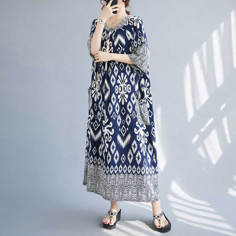 Summer New Temperament V-neck Mid-length Dress Retro Printing Loose Dresses