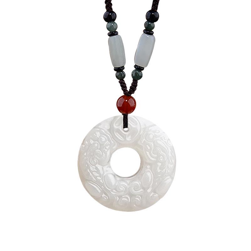 Blue Jade Pendant Necklace with White Jade Pixiu for Men & Women, Sweater Chain Cotton Linen Gift