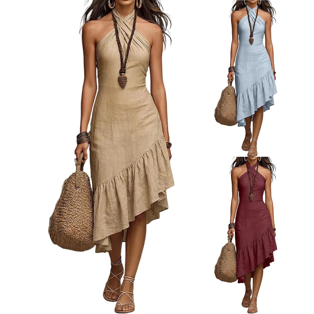 Damen Neck Ärmellos Asymmetrisch Rüschensaum Midi Sommerkleid Lässig Sommer Strand Schlank Passendes Kleid