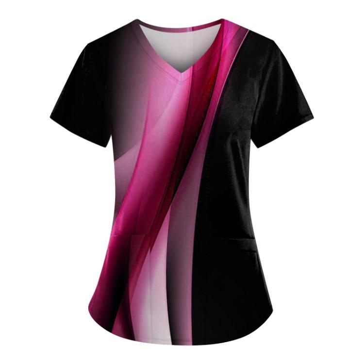 Plus Size Scrub Tops Women V Neck Short Sleeve Work Uniform Printed Tee With Pockets Fun T Shirts Workwear
