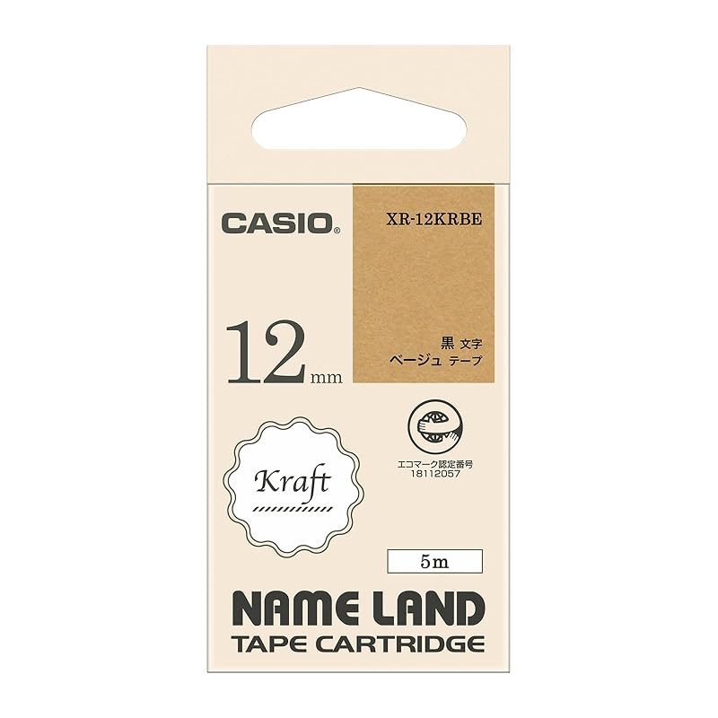 Casio Label Printer Name Land Craft Tape 12mm XR-12KRBE Beige with Black Text