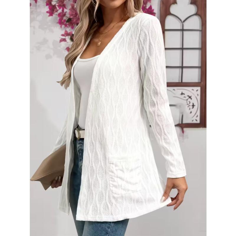 Spring and autumn comfortable casual elegant solid color fashion texture fabric pocket large size women's unbuttoned cardigan