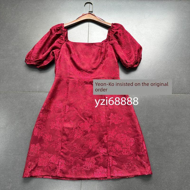 

Export Pure Original Embossed Dark Jacquard Square-Neck Cinched Dylan Puff Dress Exquisite Mini Dress Burgundy S