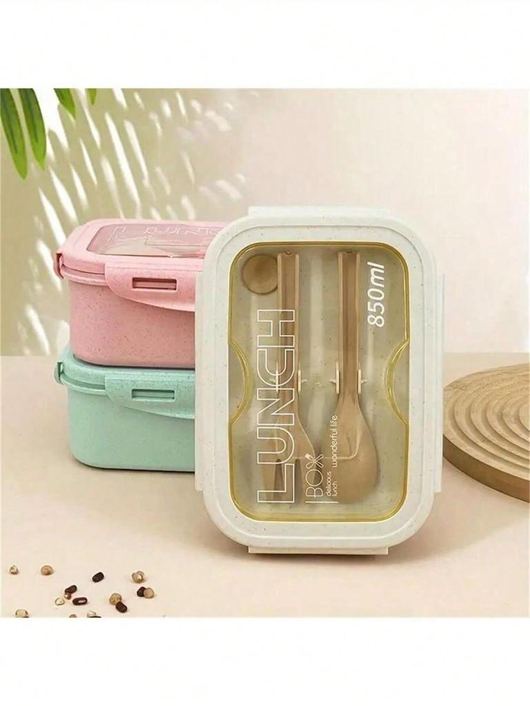 1pc lunch box with two compartments, built-in cutlery set, reusable and microwave heated (with lid removed), suitable for kitche