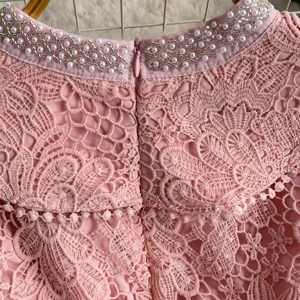 Elegant Pearl Chain Diamon Luxury Embroidery Lace Prom Evening Dresses Women Summer Short Sleeve Hollow Out Midi Long Dress