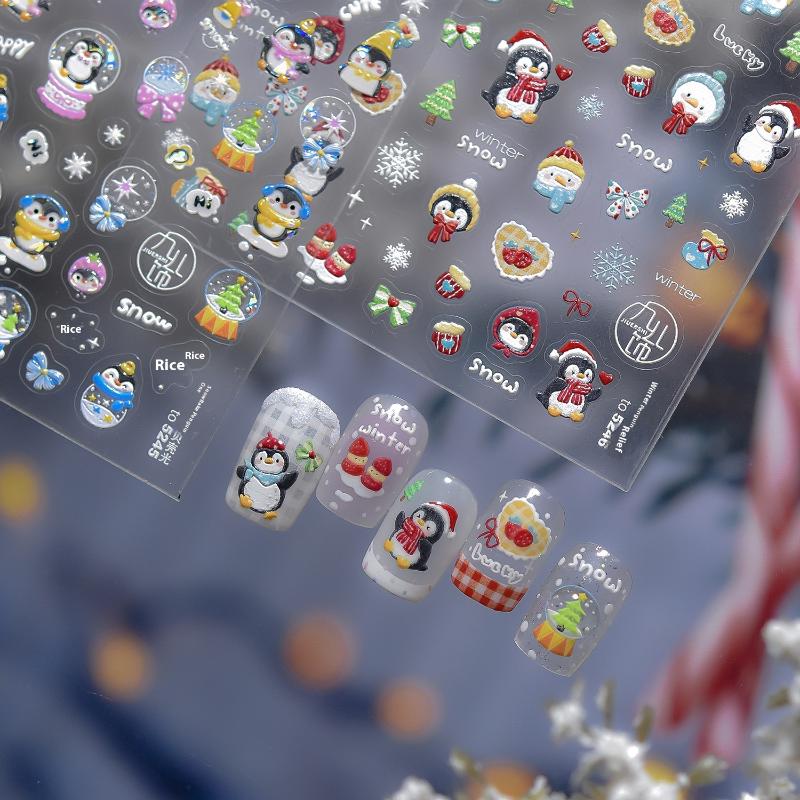 1Sheet Snowflake Penguin Sticker For Nails Cute Crystal Ball Lace Red Hat Star Bow Christmas Tree Nail Art Stickers Decoration