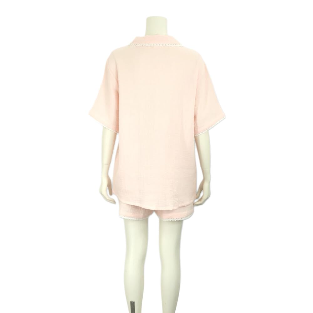 RAVIR Cotton Double Gauze Short Sleeves and Shorts Breathable and with Lace Size M Women's 100% Pajamas, Set, Moisture-Wicking Trim, Pink,
